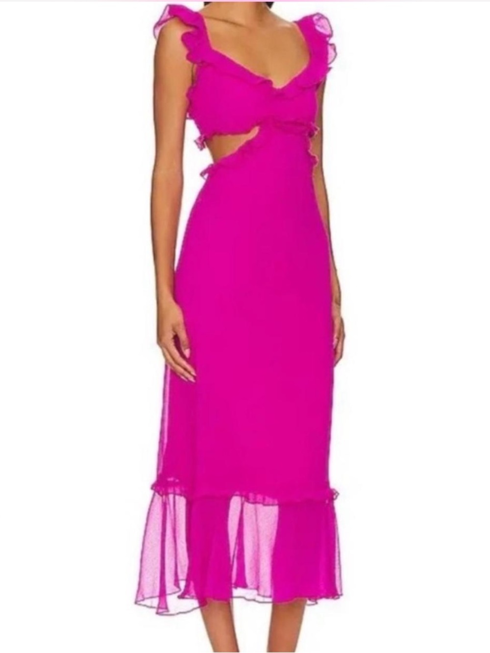 Fuchsia Ruffle-Trim Cutout Midi Dress